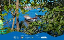 Fotografia horizontal em plano médio. A imagem é dominada por uma moldura natural de vegetação de mangue, com folhas verdes vibrantes preenchendo as laterais e o canto superior. O primeiro plano é composto por galhos e folhagens que criam uma abertura central para a baía ou rio. No centro, em segundo plano, a água azul-escura é calma e cristalina. Uma canoa de pesca tradicional, de casco cinza-claro e borda laranja, está atracada na margem, parcialmente submersa na água rasa. O nome "MIGUEL" está pintado na lateral da embarcação em letras vermelhas. Outro barco, de cor verde, é visível mais ao longe, flutuando à direita. Uma pequena faixa de areia ou terra clara aparece no fundo da margem, na parte central. No fundo, acima da canoa, construções coloridas e pessoas são vistas na margem oposta, sob um céu azul e luminoso. A luz solar é intensa e destaca o brilho das folhas e da água. Na base, há uma faixa azul com o logo do projeto e os créditos de patrocínio.