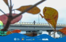 Fotografia em plano médio, com forte contraste de profundidade, criando um enquadramento através da natureza. O primeiro plano está totalmente desfocado: galhos de árvores e folhas grandes, em tons de vermelho, amarelo e verde escuro, ocupam a moldura da foto, criando uma vinheta orgânica. O foco principal é a ponte, que se estende horizontalmente no centro da imagem. A estrutura de concreto cinza claro possui um guarda-corpo de ferro pintado de amarelo brilhante. No centro da ponte, uma pessoa (homem), vestindo calça preta e camisa cinza escuro, caminha sozinha de costas para a câmera, na direção do horizonte. O plano de fundo é composto por um céu azul-esbranquiçado e claro, típico de um dia nublado. A cena estabelece uma dicotomia entre a natureza (primeiro plano) e a intervenção humana (ponte e homem), sugerindo isolamento ou introspecção. No rodapé, a faixa azul do projeto "Pá na Água" com logotipos.