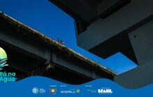 Fotografia em contra-plongée, vista de baixo para cima. A cena é dominada pela estrutura de concreto cinza e reta de uma ponte ou viaduto. A ponte ocupa a maior parte do quadro, com suas vigas projetadas diagonalmente, criando fortes sombras escuras. O contraste é alto entre o concreto sombrio e o céu azul intenso. Na linha superior da ponte, onde a estrutura encontra o céu, uma fina camada de vegetação rasteira verde cresce. Centralizado no alto, um jovem de pele escura e silhueta preta está de pé sobre a ponte, erguendo os dois braços abertos em um gesto de celebração ou liberdade. A luz do sol é forte, vinda de cima. O céu é limpo e profundo, sem nuvens. Logotipos institucionais aparecem no rodapé azul escuro. A composição é geométrica e angular, criando uma perspectiva dramática da altura.