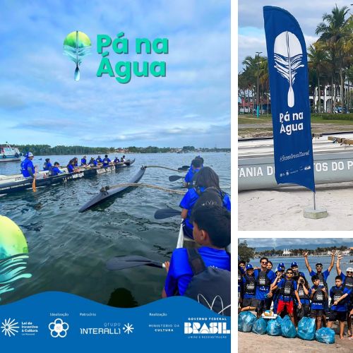 Colagem de fotos do projeto Pá na Água: à esquerda, jovens de colete azul remam em canoas no mar; à direita, banner do projeto na areia e, abaixo, grupo sorrindo com sacos de lixo recolhido. Logotipos de apoiadores no rodapé.